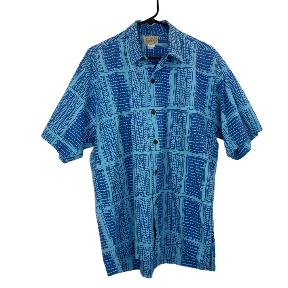 Noa Noa Shirt Mens Medium Blue Geometric Tribal Print Short Sleeve Button Up